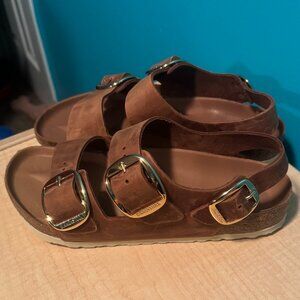 Birkenstock Brown Leather Triple Buckle Sandals with Gold Buckles